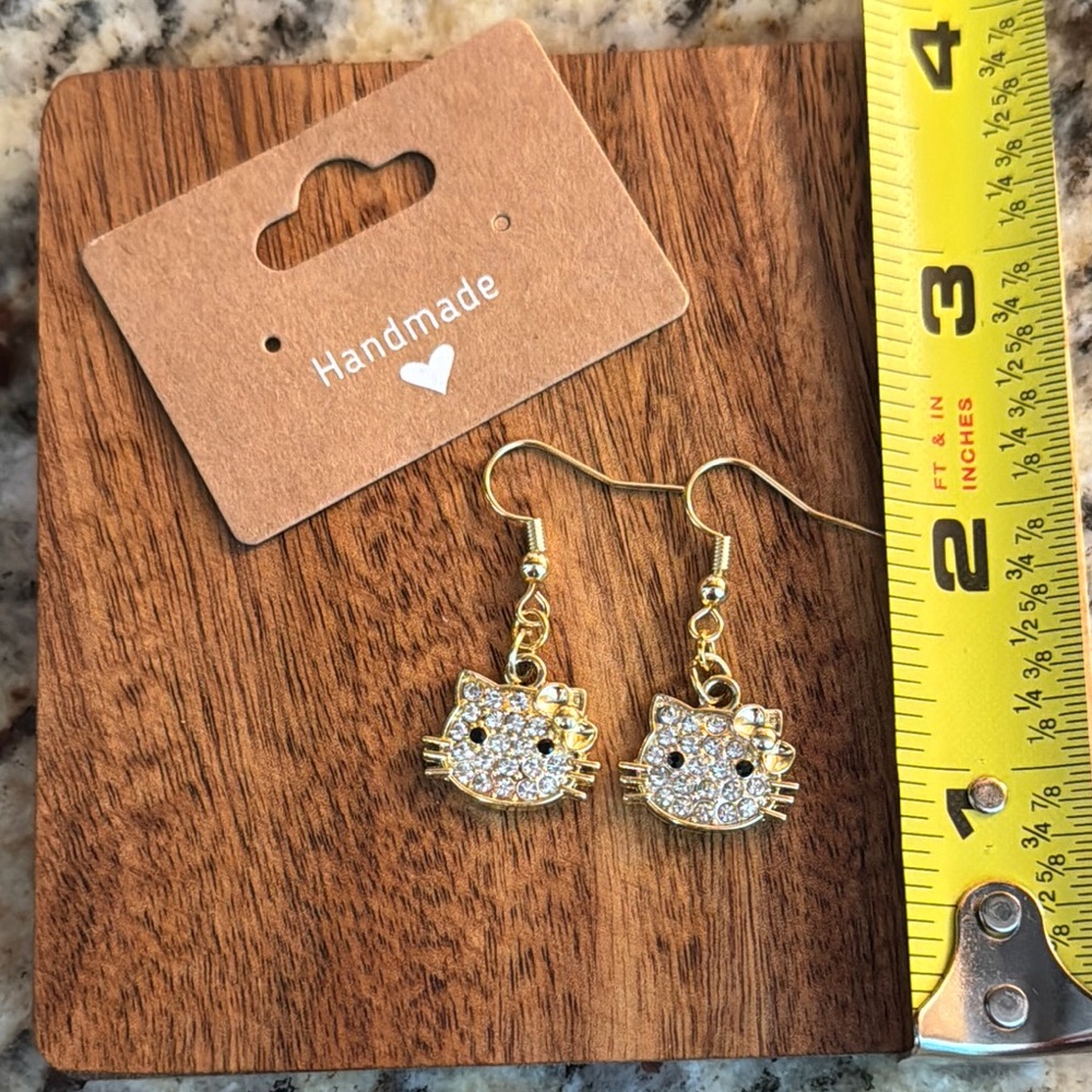 Handmade - hypoallergenic Gold and Rhinestone Hello Kitty Shaped Earrings